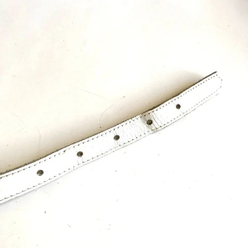 Vtg Jordache White Leather Belt Brass Horse Logo Slim Thin Womens Size XS Small